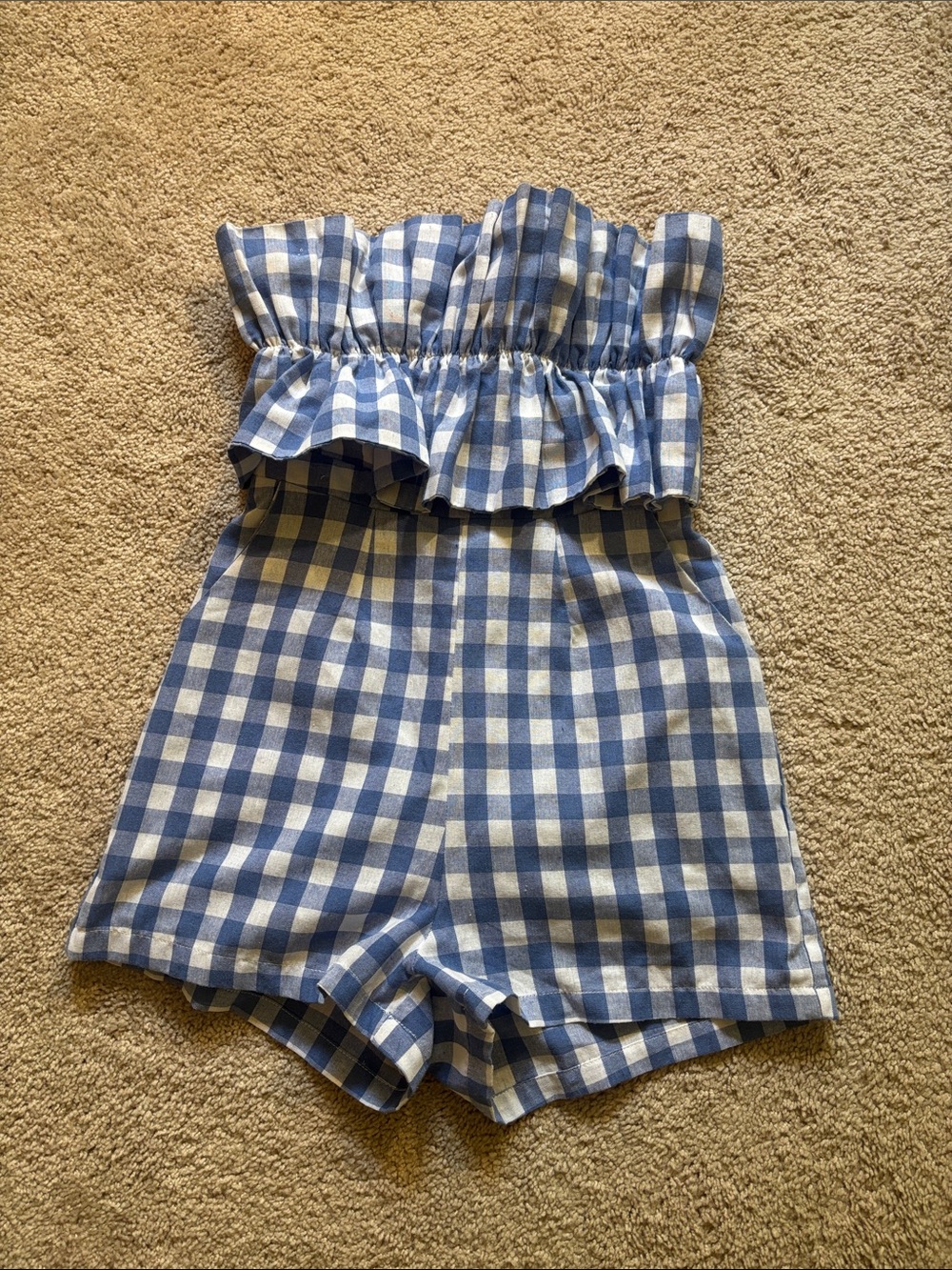 entro Blue & White Gingham Strapless Ruffle Romper